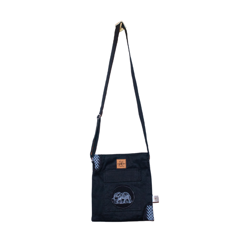 Signature Safari Unisex Black Canvas Sling Bags with Elephant