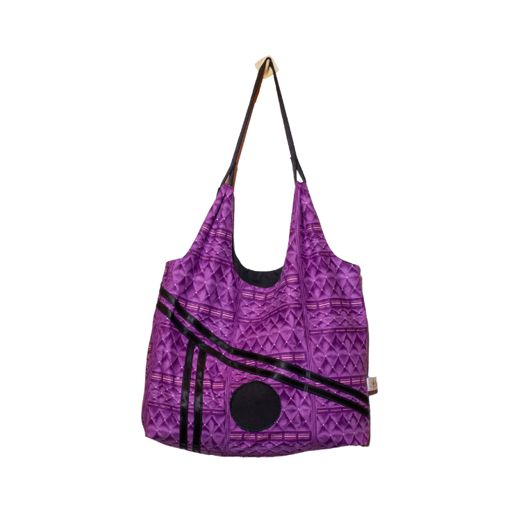 Signature Purple Floral Ankara Tote Bag with Double Diagonal and Circular Design