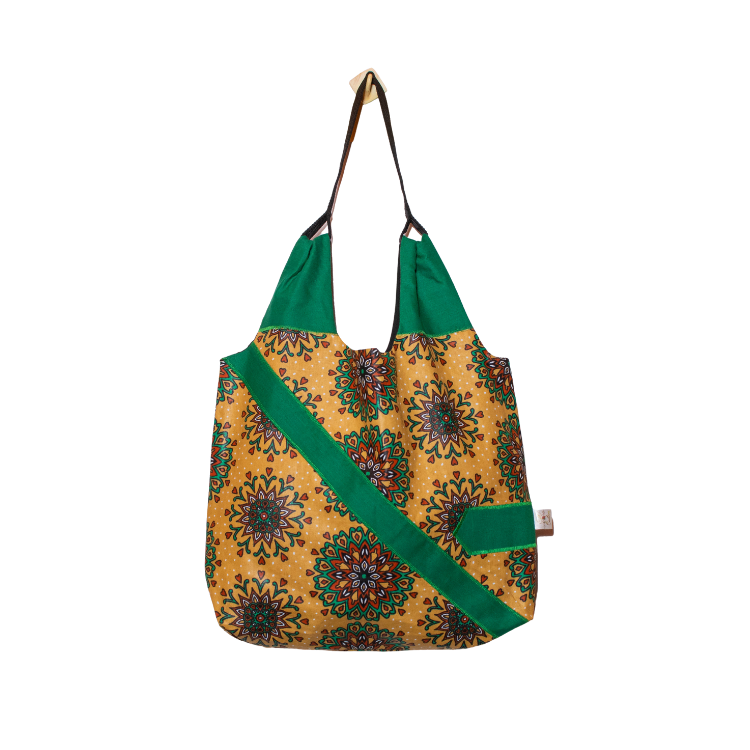 Signature Brown Floral Leso Tote Bag with Light Green Patch Works Arrow Shape
