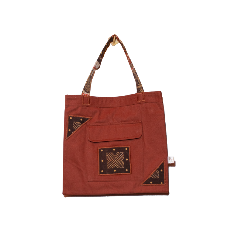 Signature Brown Canvas Cotton Tote Bags with Dark Brown Square African Print with Elephant straps