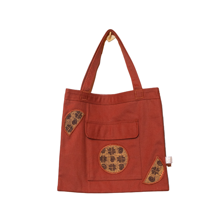 Signature Brown Canvas Cotton Tote Bags with Light Brown Circular African Print