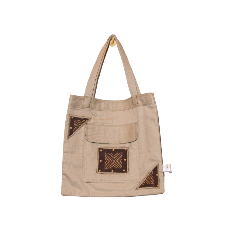 Signature Light Green Canvas Cotton Tote Bags with Dark Brown Square African Print