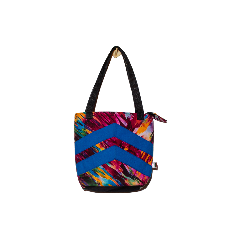 Signature Zebra Ankara Tote Bags with Double Blue Inverted V Strip