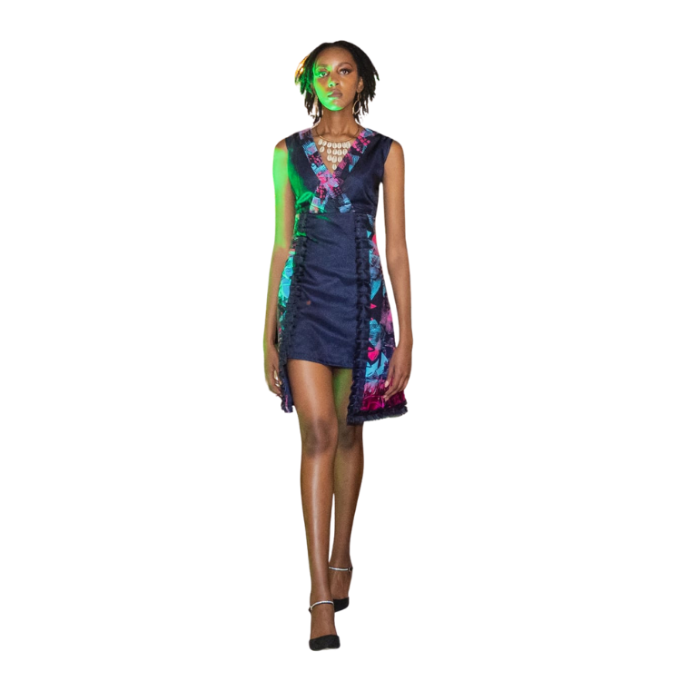 Ladies Ooh Organza Front Criss Cross dress with Ankara print and feather detail on hem line