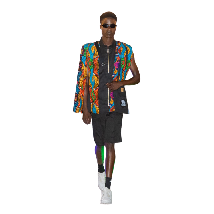 Men's Sleeveless Black Jacket with layered Ankara details front and back