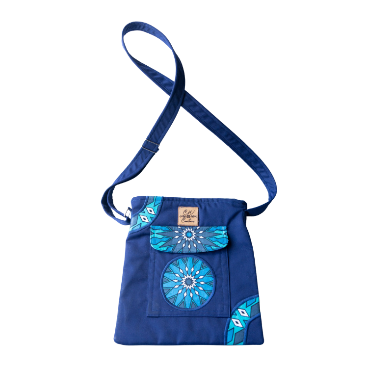 Signature Safari Unisex Navy Blue Canvas Sling Bags with Floral Leso Center Circle